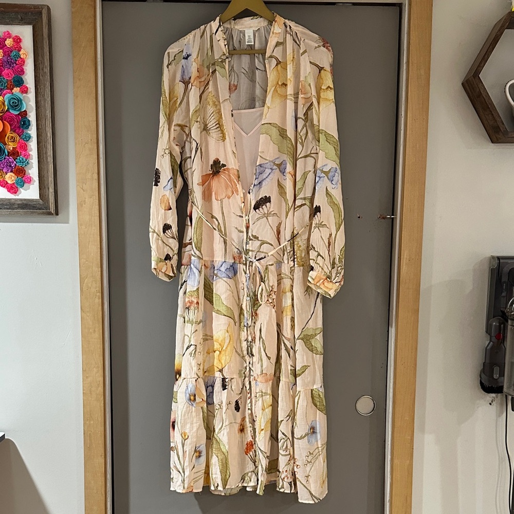 H&M Oversized Crinkled Floral Long Sleeve Dress - Cream, Orange, Blue, Green - Picture 8 of 8